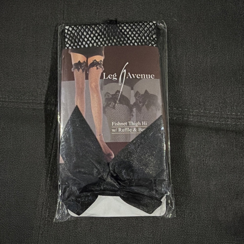 Leg Avenue 6264 Black Fishnet Thigh High Stockings Ruffle Satin Bow One Size